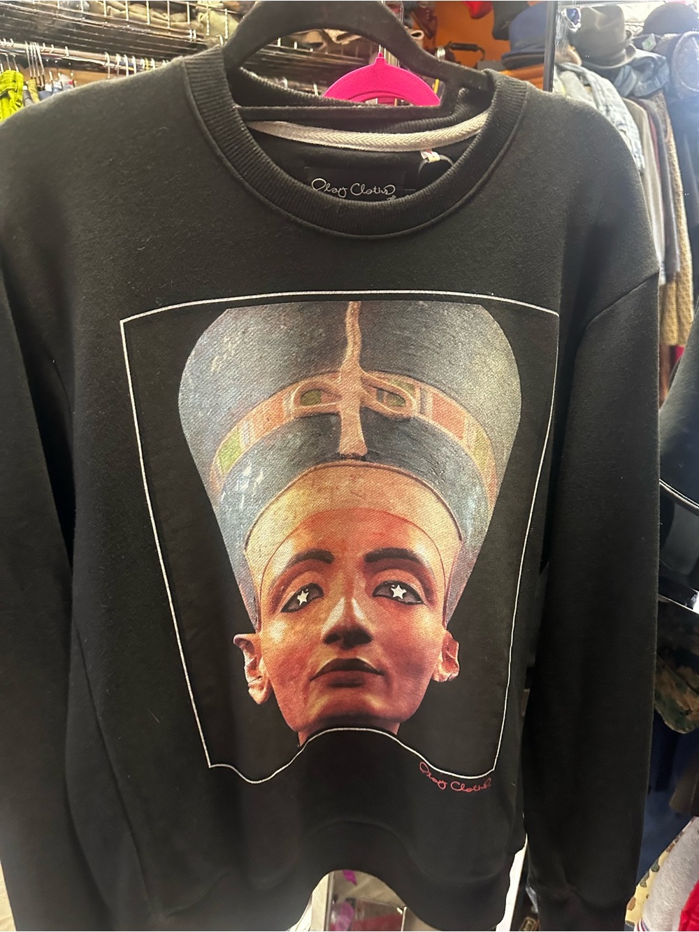 Oleg Cassini Black Sweatshirt with Colorful Egyptian Queen Print